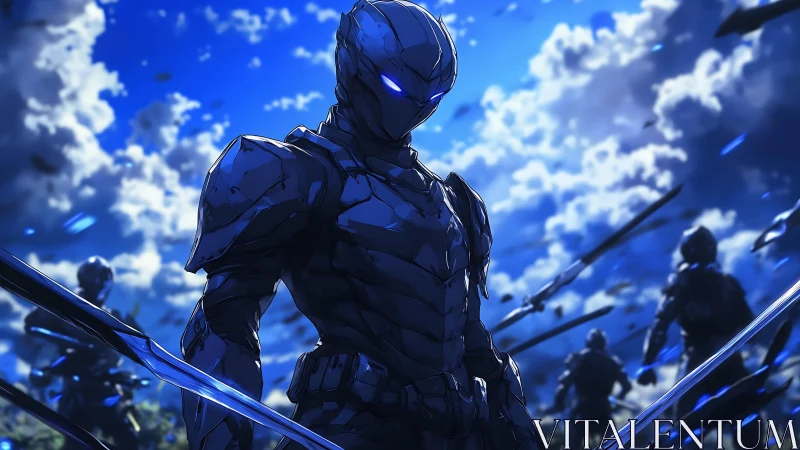 Armored futuristic warrior stands before blurred soldiers