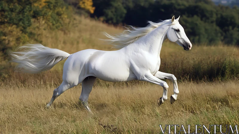 Side-profile gallop of white horse across sunlit autumn meadow