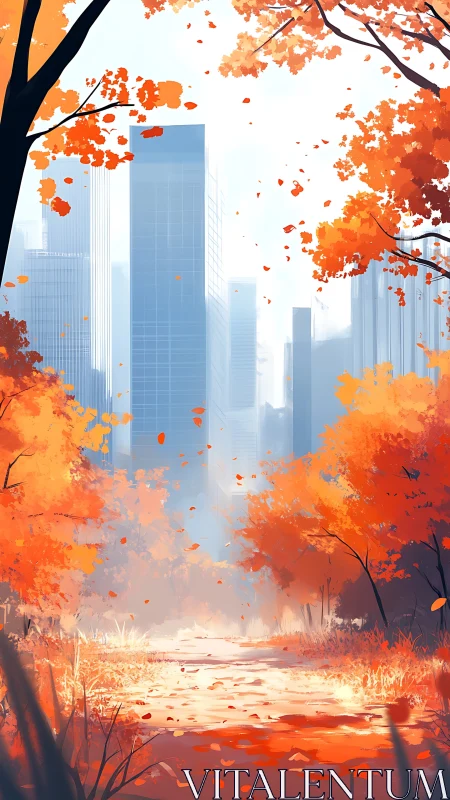 Urban skyline viewed through dense orange autumn foliage.