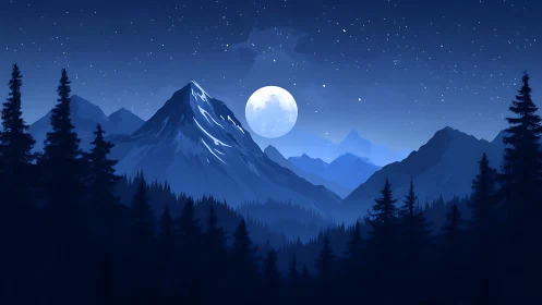 Moonlit mountain forest resting under a calm starry sky.