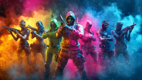 Multicolored tactical strike squad in cinematic digital fogscape.