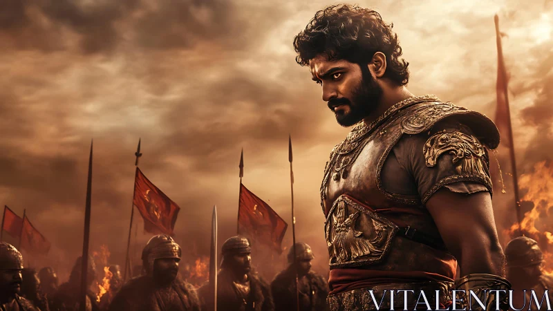 Warrior in ornate armor stands before assembled soldiers