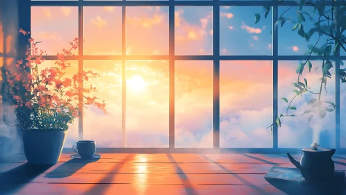 Sunrise window view with plants, coffee cup, and teapot.