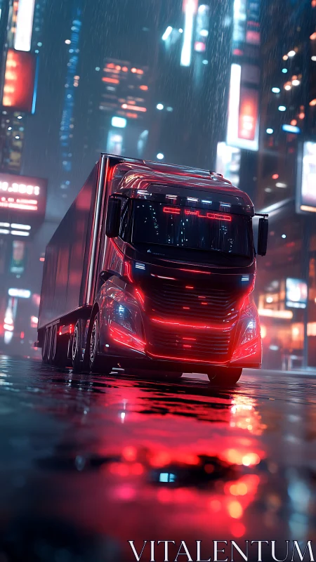 Futuristic red semi truck under neon city rain at night.