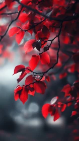Red autumn leaves on dark branches in soft forest light.