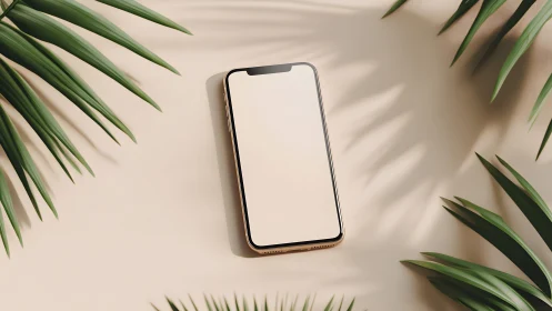 Modern smartphone on beige surface with tropical leaves, minimal style.
