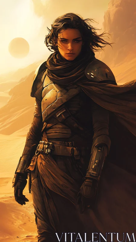 Desert-clad sentinel strides through twin-sunned stormlight