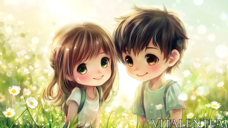Chibi children in glowing meadow with soft bokeh light.