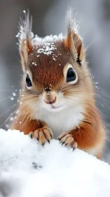Snow-dusted red squirrel close-up in winter setting.