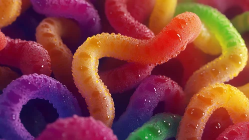 Macro photograph of gummy confectionery with granulated surface texture and vibrant coloration