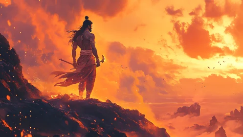 Sunfire warrior gazing over ember-soaked mountain horizon.