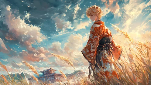 Golden hour kimono portrait unites sky drama and field depth