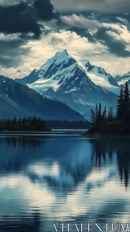 Snowy mountain peak rises above lake with dark reflections