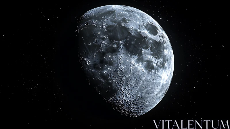 Silver cratered moon sailing through a velvet star ocean.