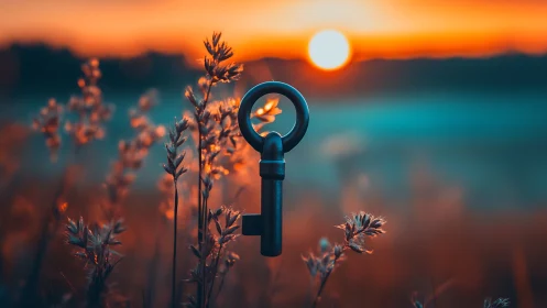 Metal key suspended over defocused field at sunset