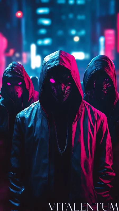 Neon-masked hooded trio in cyberpunk night alleyway.