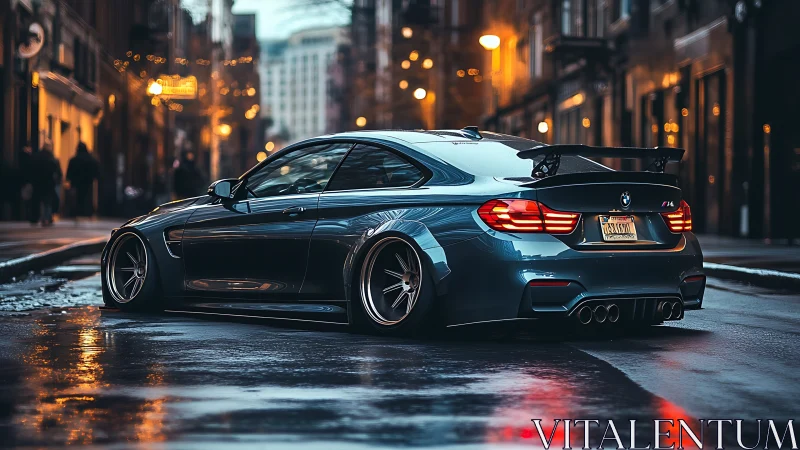 Evening city street welcomes a sleek custom sports coupe