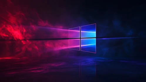 Glowing window logo rises in vivid neon pink and blue light