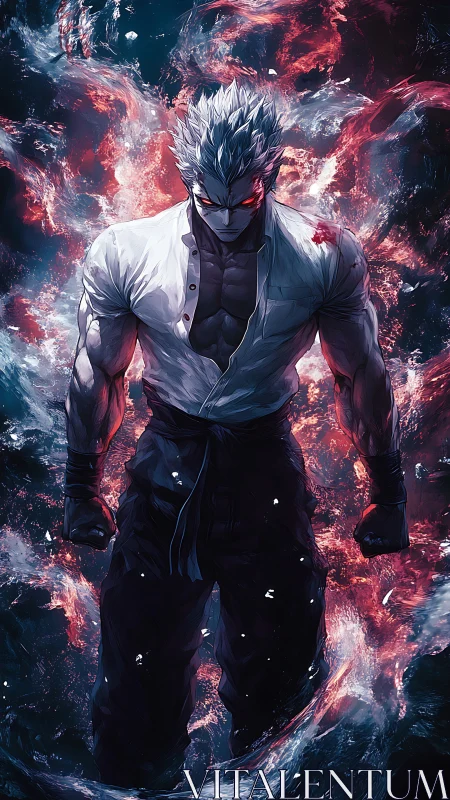 Storm-eyed warrior walks through boiling cosmic embers