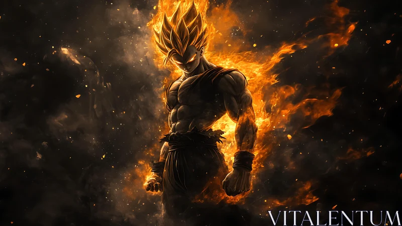 Fiery anime warrior stands powered up in burning aura.