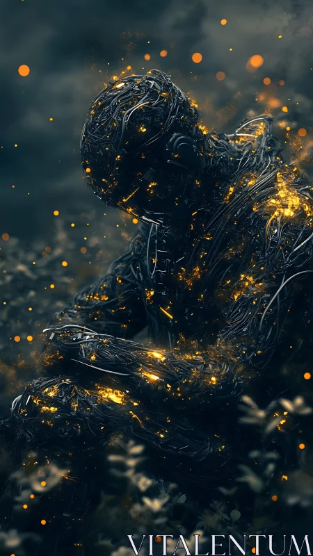 Cybernetic figure glowing with embers in dark field.