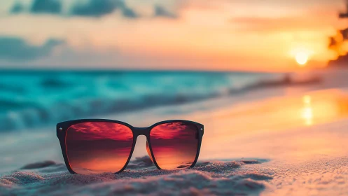 Sunglasses reflect fiery sunset over glowing tropical shoreline.