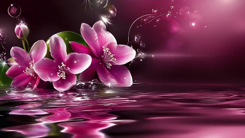 Pink Orchids with Water Reflection and Bubbles.