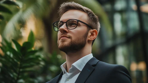 Man in suit with glasses stands near foliage outdoors