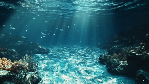 Sunlit underwater seafloor with rocks, corals, and fish.