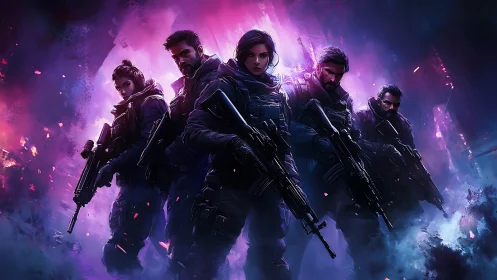 Fearless tactical squad united in neon city glow.