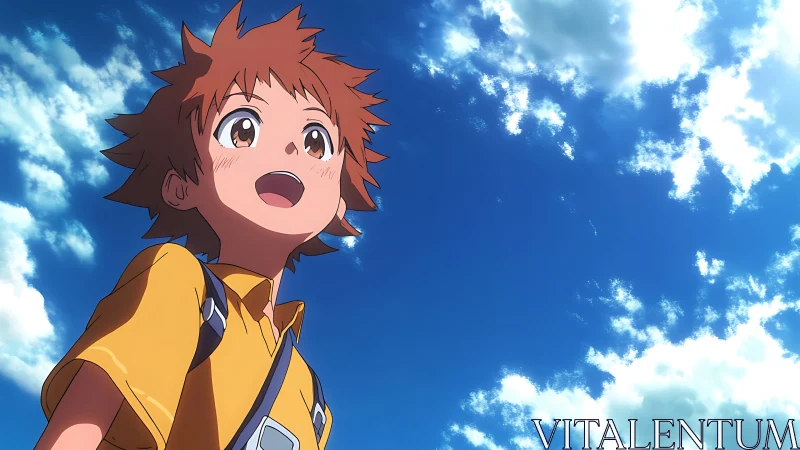 Anime boy gazes upward against expansive summer sky backdrop