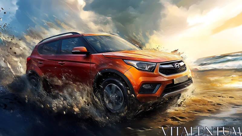 Dynamic SUV beach assault in cinematic digital painting style.