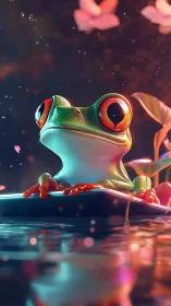 Wide-eyed neon frog quietly commandeers a glowing pond raft