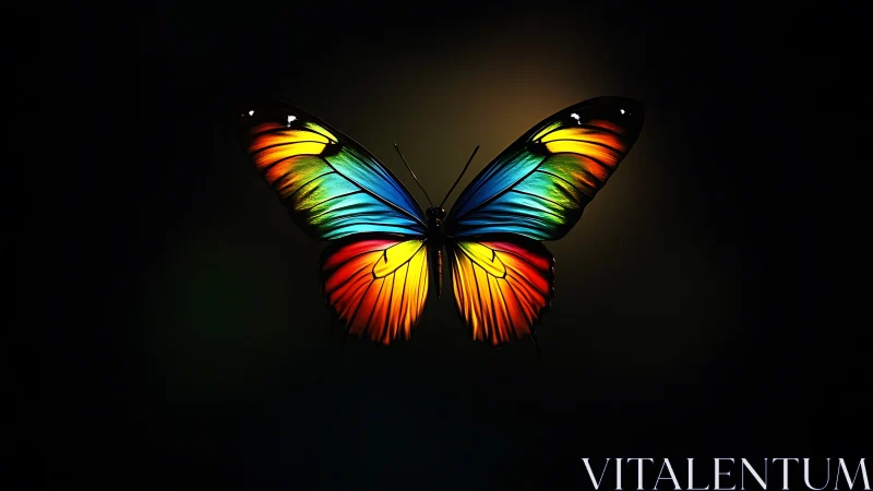 Multicolored butterfly wings against uniform dark background.
