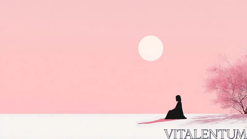 Minimalist pink landscape isolates lone figure under large sun