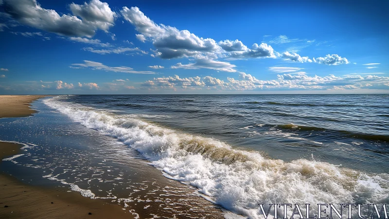 Rolling waves wash a tranquil sandy shoreline under clouds.