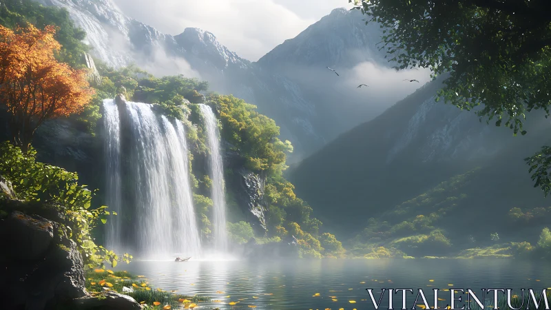 High dynamic range mountain waterfall scene with volumetric mist and rowboat