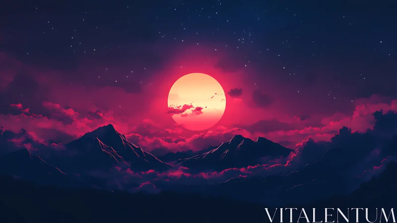 Neon moon sinks behind twilight mountains and glowing clouds.