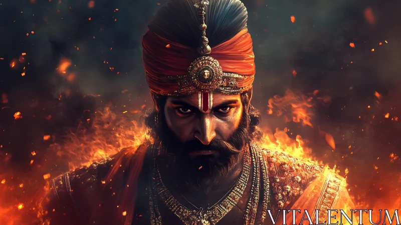 Warrior king in flaming ambiance, jeweled turban and armor.