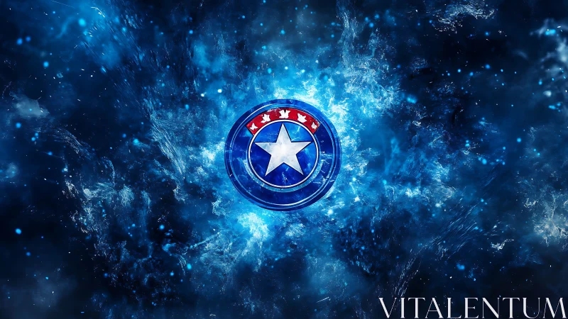 Star-forged shield ignites in electric cosmic blue storm.