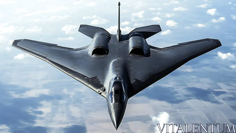 Stealth military aircraft in level flight above cloud layer.