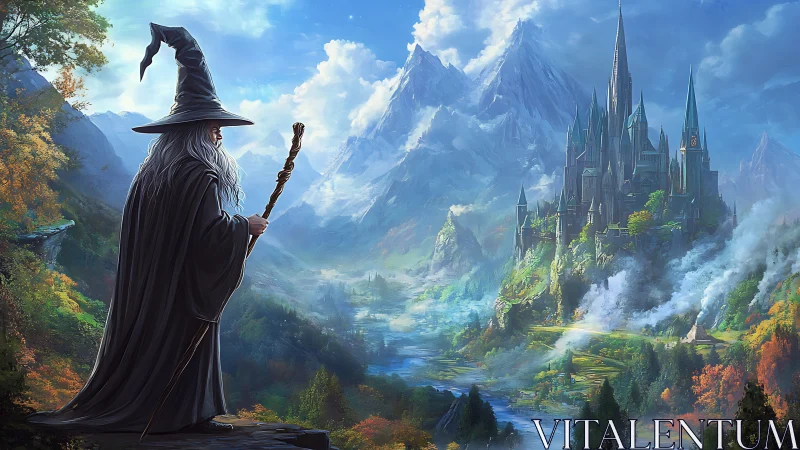 Fantasy wizard overlooking alpine citadel in panoramic digital painting.