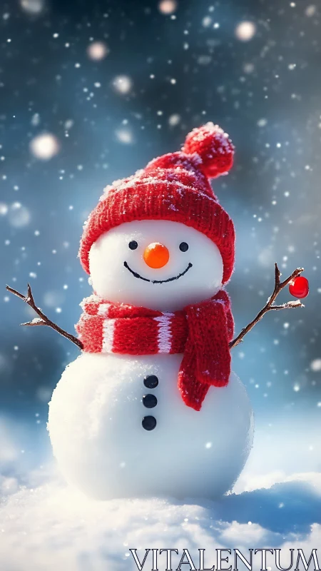 Cheerful snowman in red knitwear amid falling snowflakes.