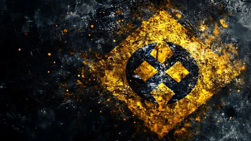 Exploding yellow crypto emblem burns through dark void