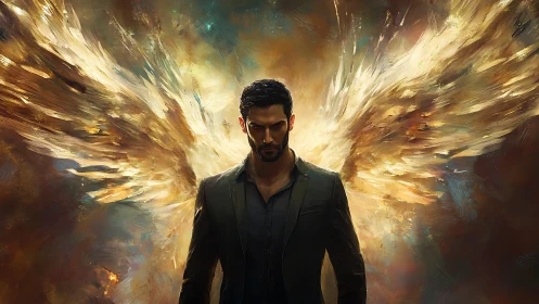 Male figure stands before luminous abstract wing forms