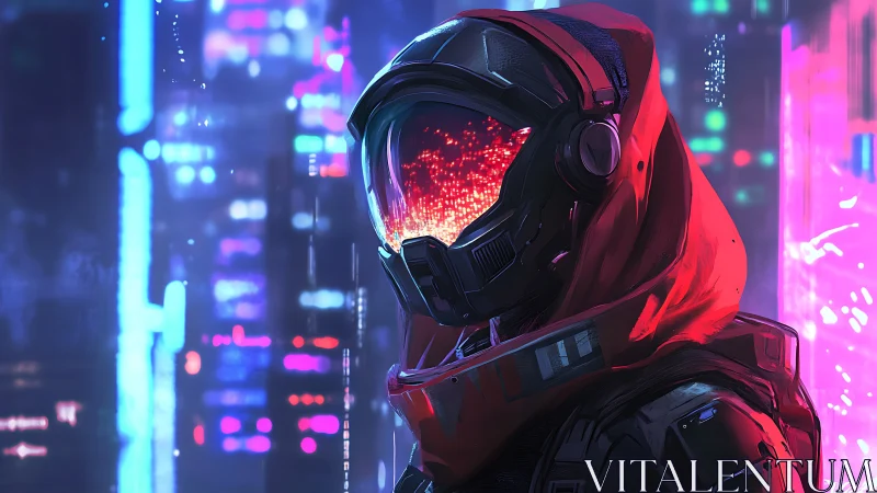 Hooded armored figure with reflective visor in neon cityscape.