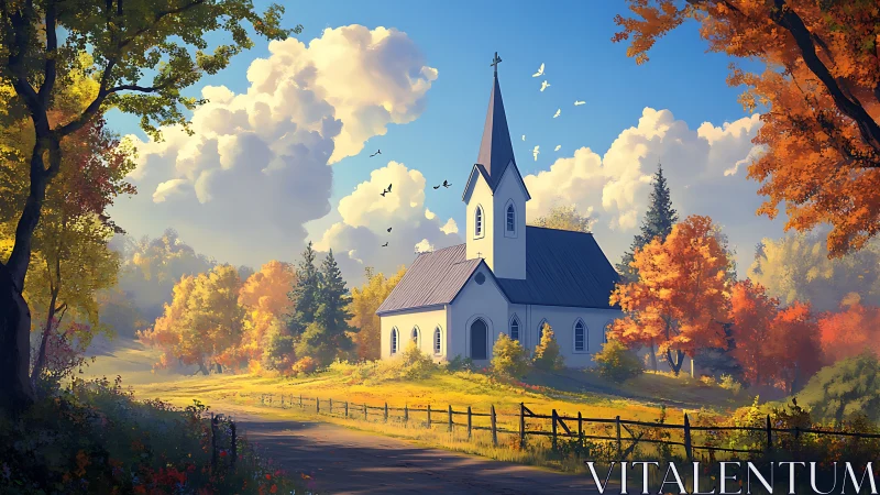 Sunlit country church rests quietly in glowing autumn hills