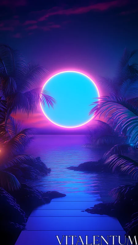 Neon-haloed cyan sun over synthwave shoreline with palm silhouettes