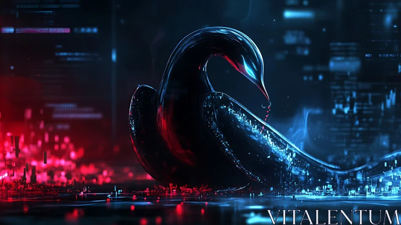 Graceful cyber swan glowing in neon blue and red light.