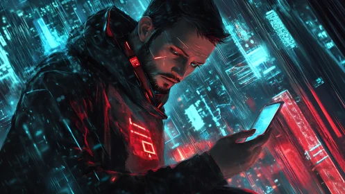 Neon rain leans close as a lone coder interrogates his screen